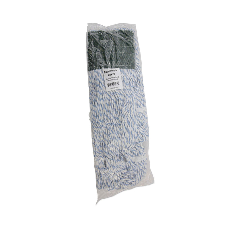 Boardwalk Mop Head, Floor Finish, Wide, Rayon/Polyester, Medium, White/Blue, 12/Carton