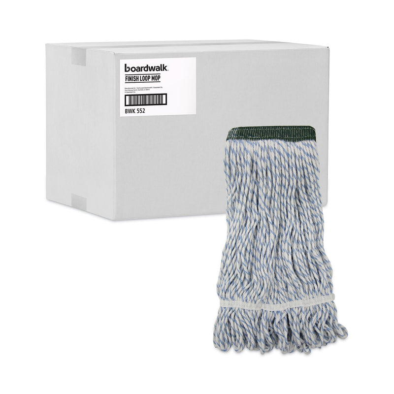 Boardwalk Mop Head, Floor Finish, Wide, Rayon/Polyester, Medium, White/Blue, 12/Carton