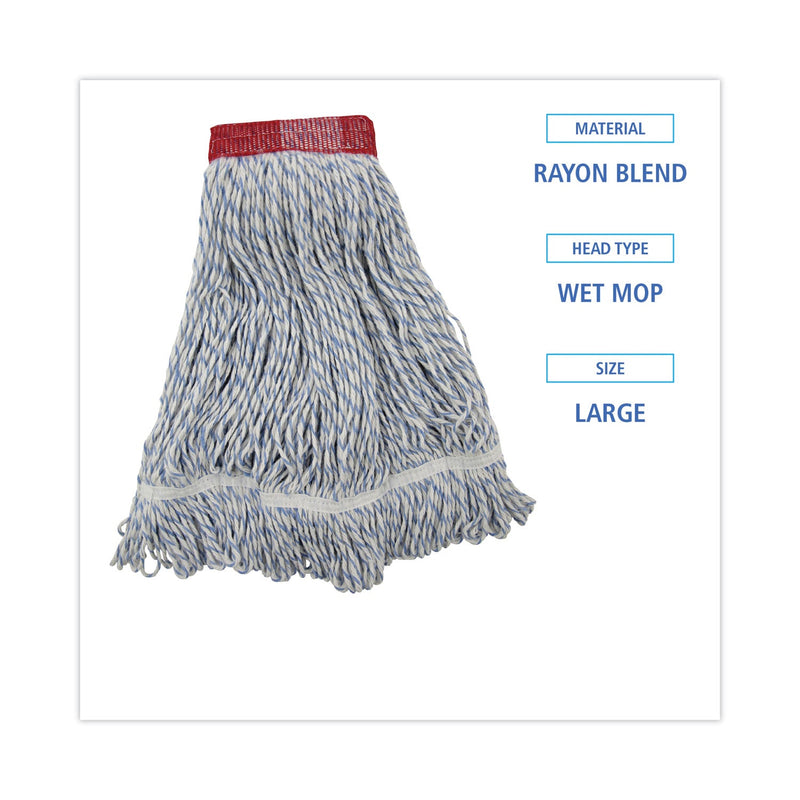 Boardwalk Mop Head, Floor Finish, Wide, Rayon/Polyester, Large, White/Blue, 12/Carton