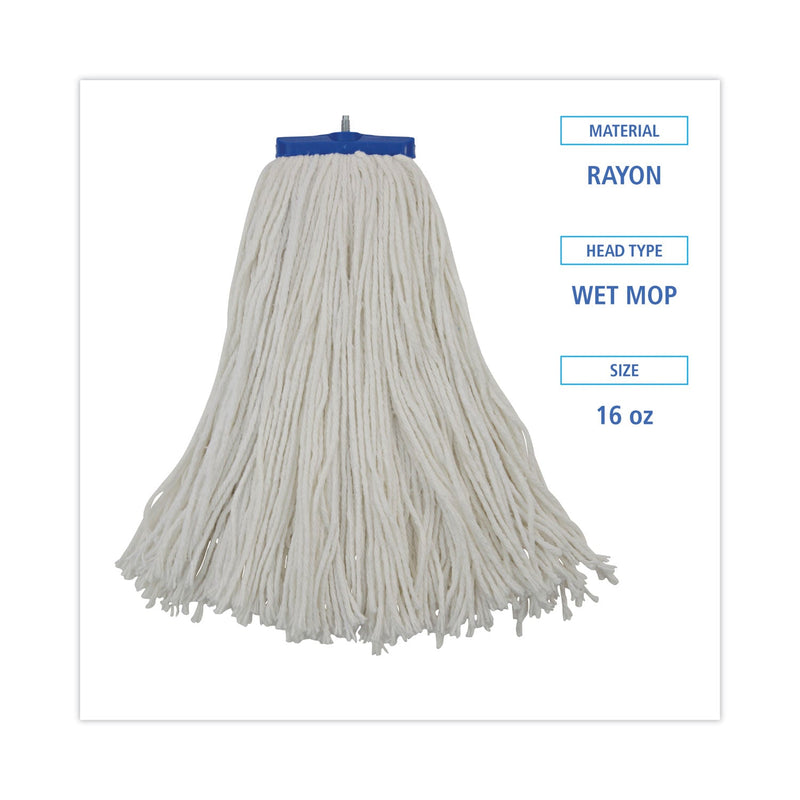 Boardwalk Cut-End Lie-Flat Wet Mop Head, Rayon, 16oz, White, 12/Carton