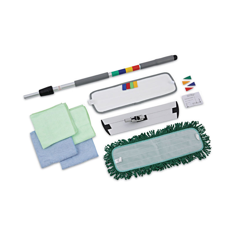 Boardwalk Microfiber Cleaning Kit, 18" Wide Blue/Green Microfiber Head, 35" to 60" Gray Aluminum Handle