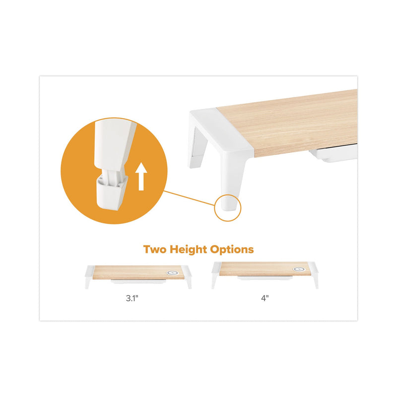 Bostitch Wooden Monitor Stand with Wireless Charging Pad, 9.8" x 26.77" x 4.13", White