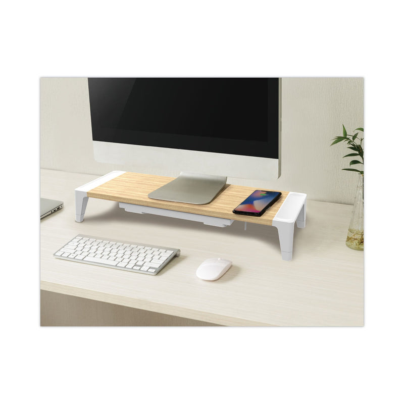 Bostitch Wooden Monitor Stand with Wireless Charging Pad, 9.8" x 26.77" x 4.13", White