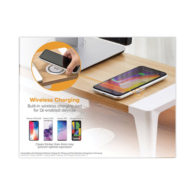 Bostitch Wooden Monitor Stand with Wireless Charging Pad, 9.8" x 26.77" x 4.13", White