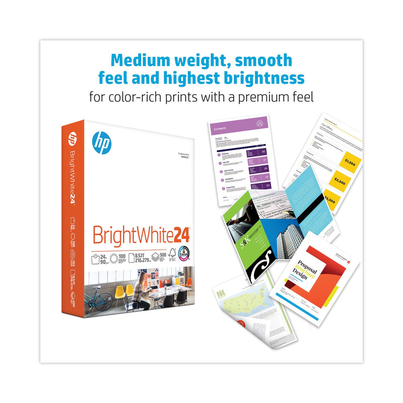 HP Papers Brightwhite24 Paper, 100 Bright, 24 lb Bond Weight, 8.5 x 11, Bright White, 500/Ream