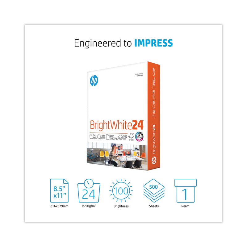HP Papers Brightwhite24 Paper, 100 Bright, 24 lb Bond Weight, 8.5 x 11, Bright White, 500/Ream