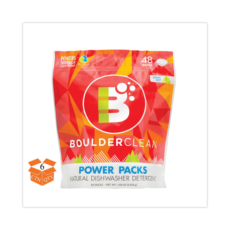 Boulder Clean Dishwasher Detergent Power Packs, Citrus Zest, 48 Tab Pouch, 6/Carton