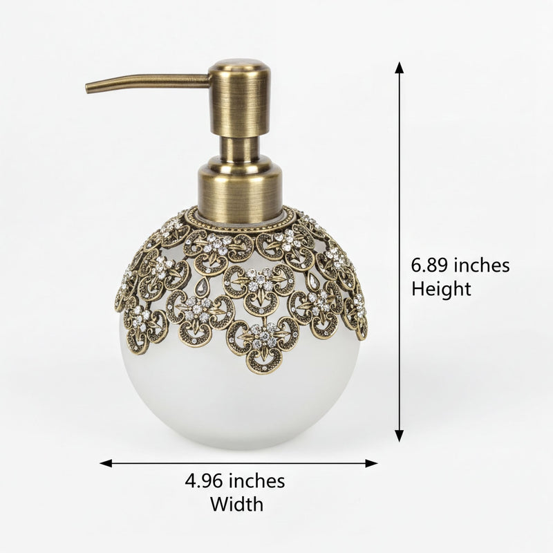 Soap Dispenser – Elegant Frosted Glass, Pewter & Rhinestone Decorative Pump