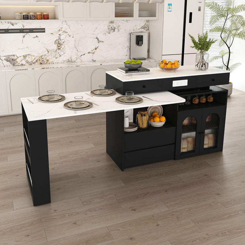 Retro Kitchen Island Set With Chairs, Extendable & Rotating Table, 4 Drawers & Door Cabinets