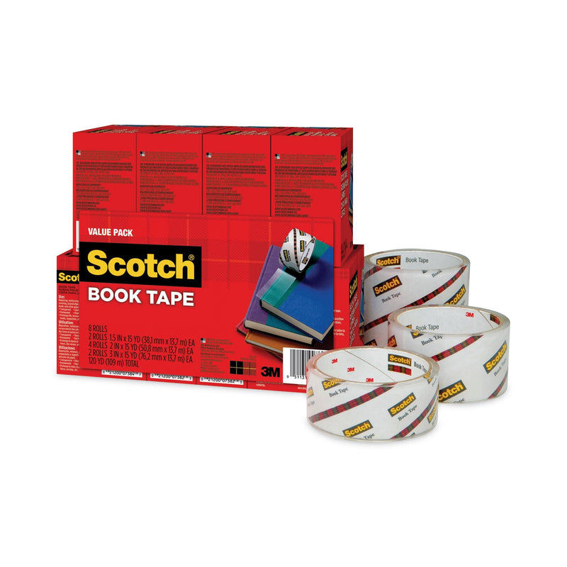 Scotch Book Tape Value Pack, 3" Core, (2) 1.5" x 15 yds, (4) 2" x 15 yds, (2) 3" x 15 yds, Clear, 8/Pack