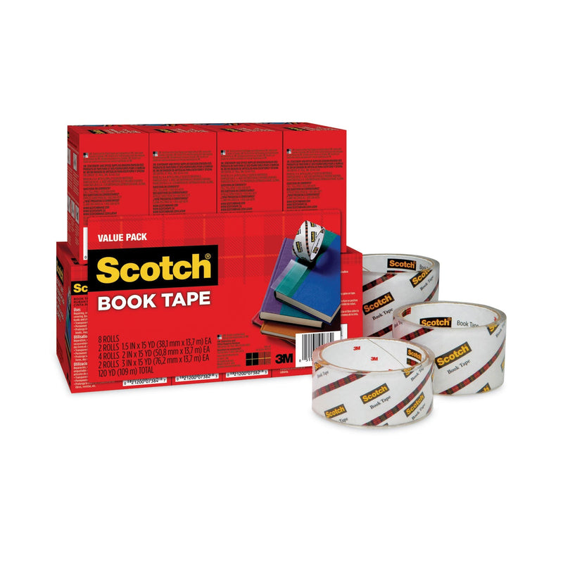 Scotch Book Tape Value Pack, 3" Core, (2) 1.5" x 15 yds, (4) 2" x 15 yds, (2) 3" x 15 yds, Clear, 8/Pack