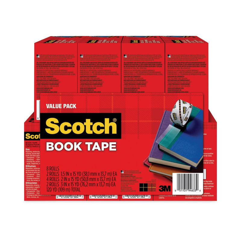 Scotch Book Tape Value Pack, 3" Core, (2) 1.5" x 15 yds, (4) 2" x 15 yds, (2) 3" x 15 yds, Clear, 8/Pack
