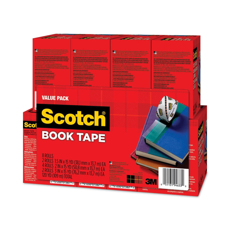 Scotch Book Tape Value Pack, 3" Core, (2) 1.5" x 15 yds, (4) 2" x 15 yds, (2) 3" x 15 yds, Clear, 8/Pack