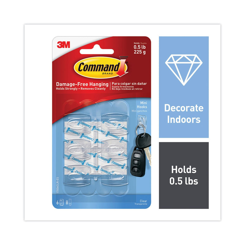 Command Clear Hooks and Strips, Plastic, Mini, 6 Hooks and 8 Strips/Pack