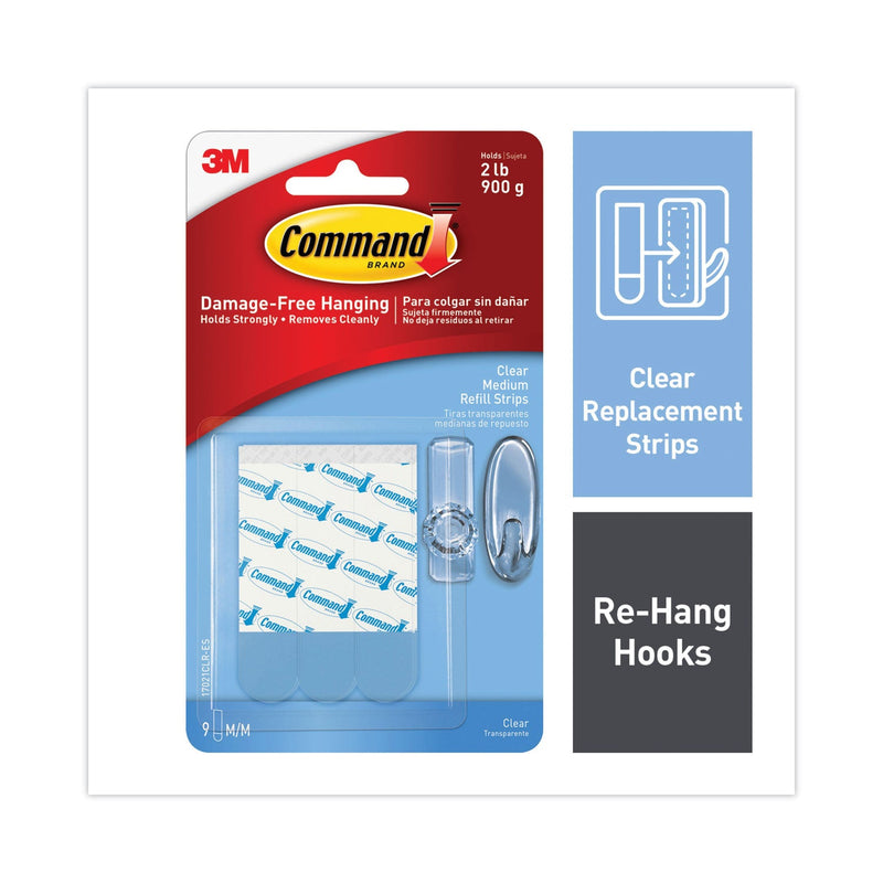 Command Refill Strips, Removable, Holds Up to 2 lbs, 0.63 x 1.75, Clear, 9/Pack