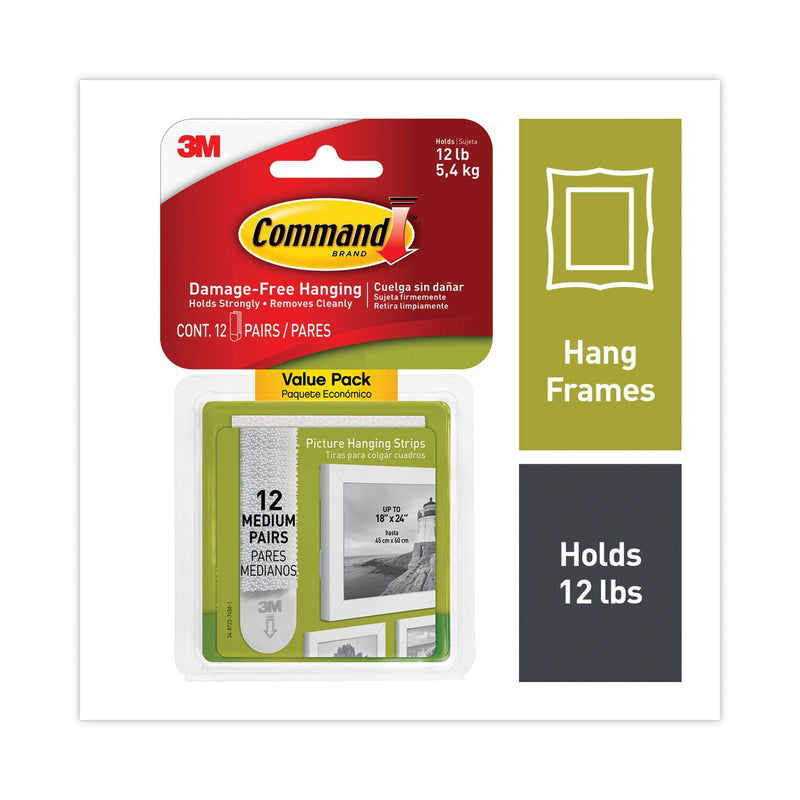 Command Picture Hanging Strips, Value Pack, Medium, Removable, Holds Up to 12 lbs, 0.75 x 2.75, White, 12 Pairs/Pack