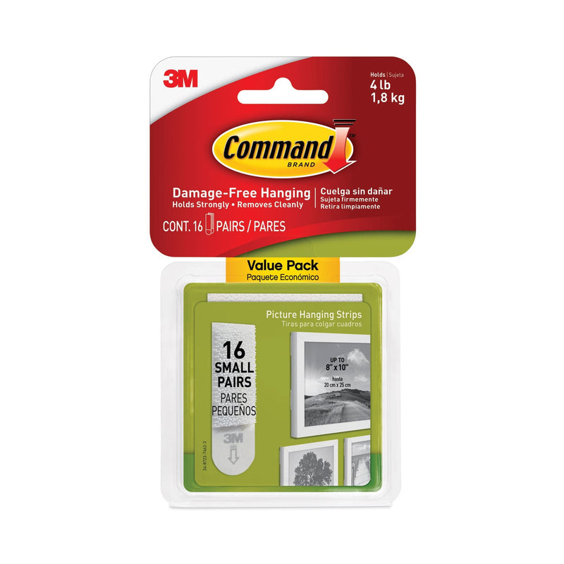 Command Picture Hanging Strips, Value Pack, Small, Removable, Holds Up to 4 lbs, 0.63 x 1.81, White, 16 Pairs/Pack