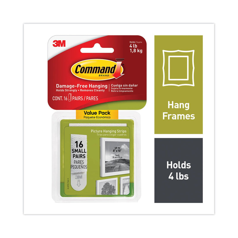 Command Picture Hanging Strips, Value Pack, Small, Removable, Holds Up to 4 lbs, 0.63 x 1.81, White, 16 Pairs/Pack