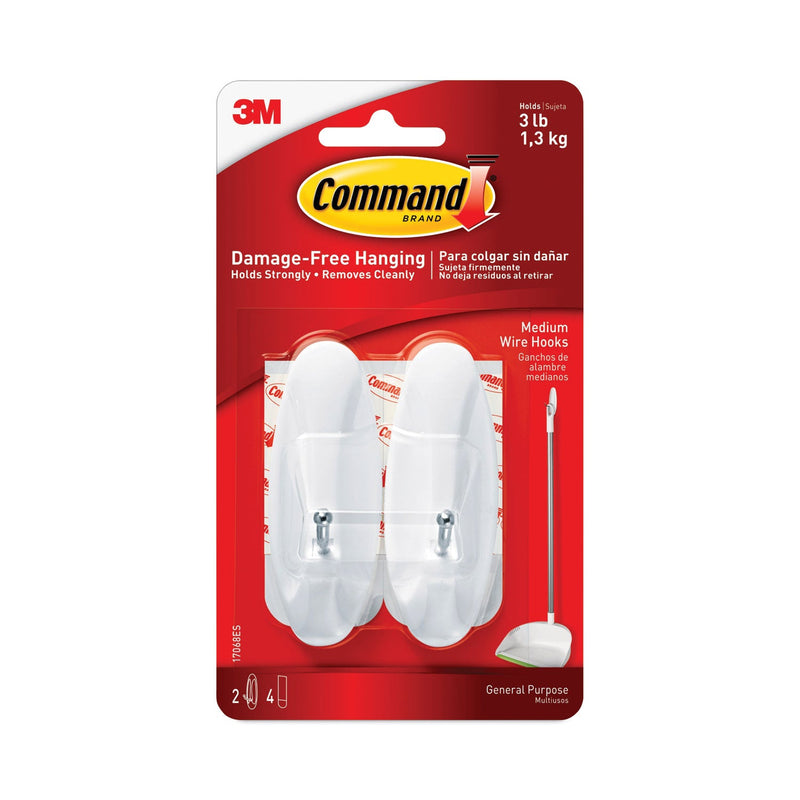Command General Purpose Wire Hooks, Medium, 3 b Cap, White, 2 Hooks and 4 Strips/Pack
