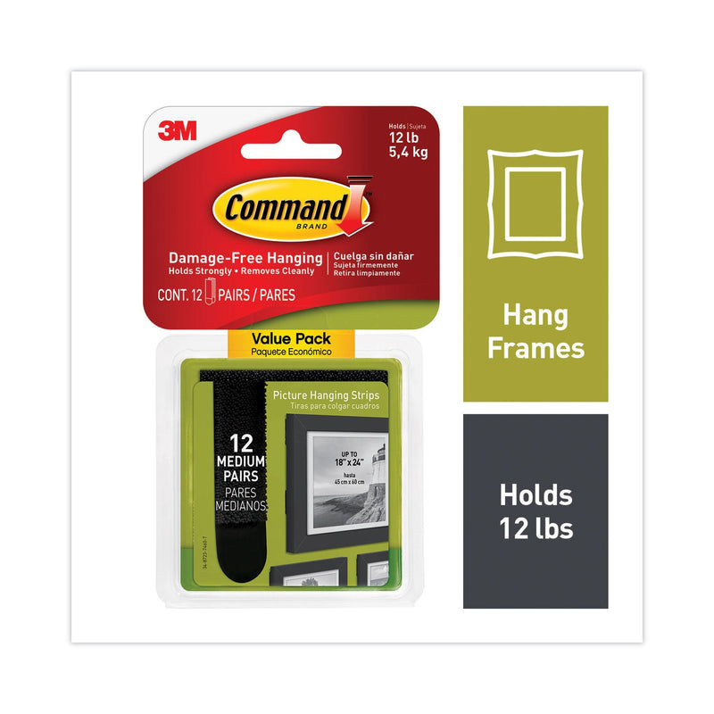Command Picture Hanging Strips, Value Pack, Medium, Removable, Holds Up to 12 lbs,  0.75 x 2.75, Black, 12 Pairs/Pack