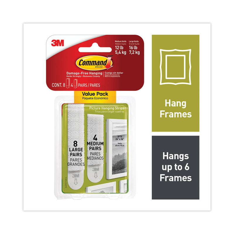 Command Picture Hanging Strips, Value Pack, Removable, (8) Large 0.63 x 3.63 Pairs, (4) Medium 0.5 x 2.75 Pairs, White