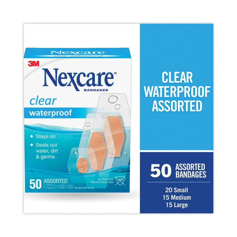 3M Nexcare Waterproof, Clear Bandages, Assorted Sizes, 50/Box