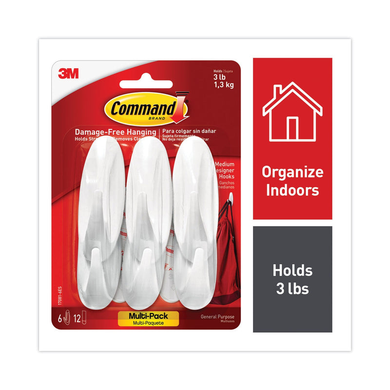 Command Designer Hooks, Plastic, White, 3 lb Cap, 6 Hooks and 12 Strips/Pack