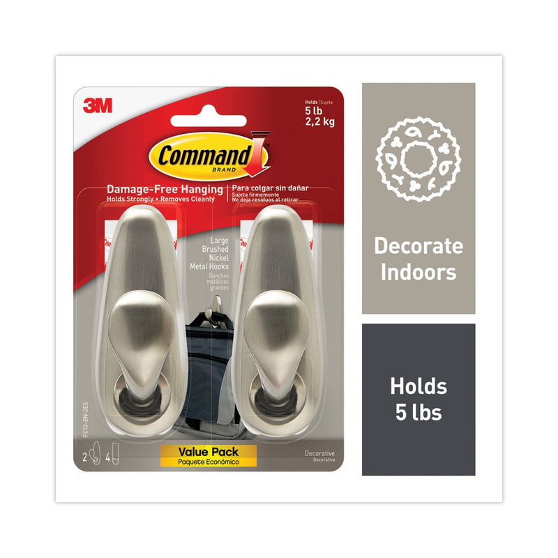 Command Adhesive Mount Metal Hook, Large, Brushed Nickel Finish, 2 Hooks and 4 Strips/Pack