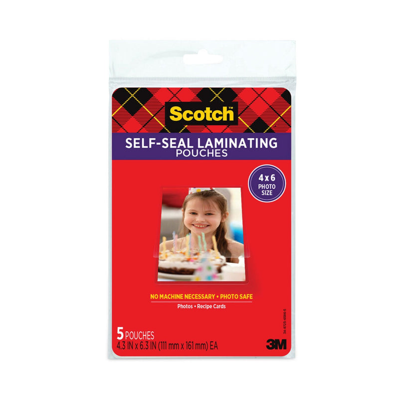 Scotch Self-Sealing Laminating Pouches, 9.5 mil, 4.38" x 6.38", Gloss Clear, 5/Pack
