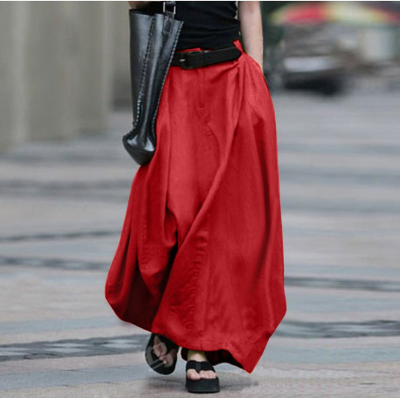 Women's High-Waist Flared Maxi Skirt – Solid Color Cotton Linen with Pockets