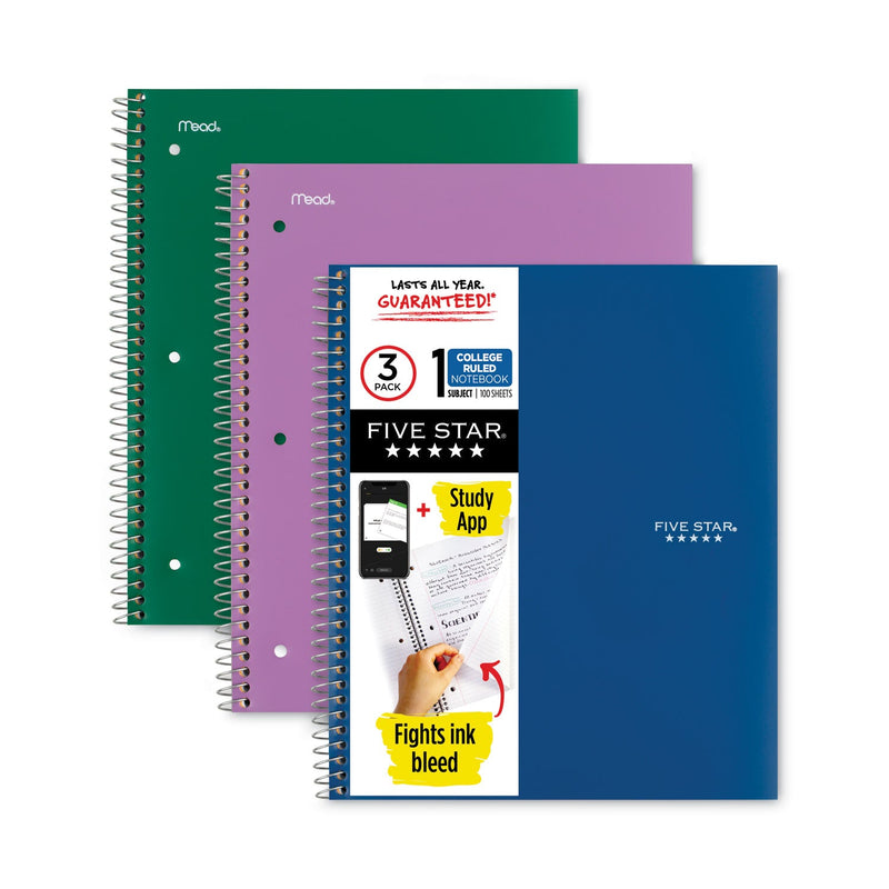 Five Star Wirebound Notebook, 1 Subject, Medium/College Rule, Randomly Assorted Covers, 11 x 8.5, 100 Sheets, 3/Pack