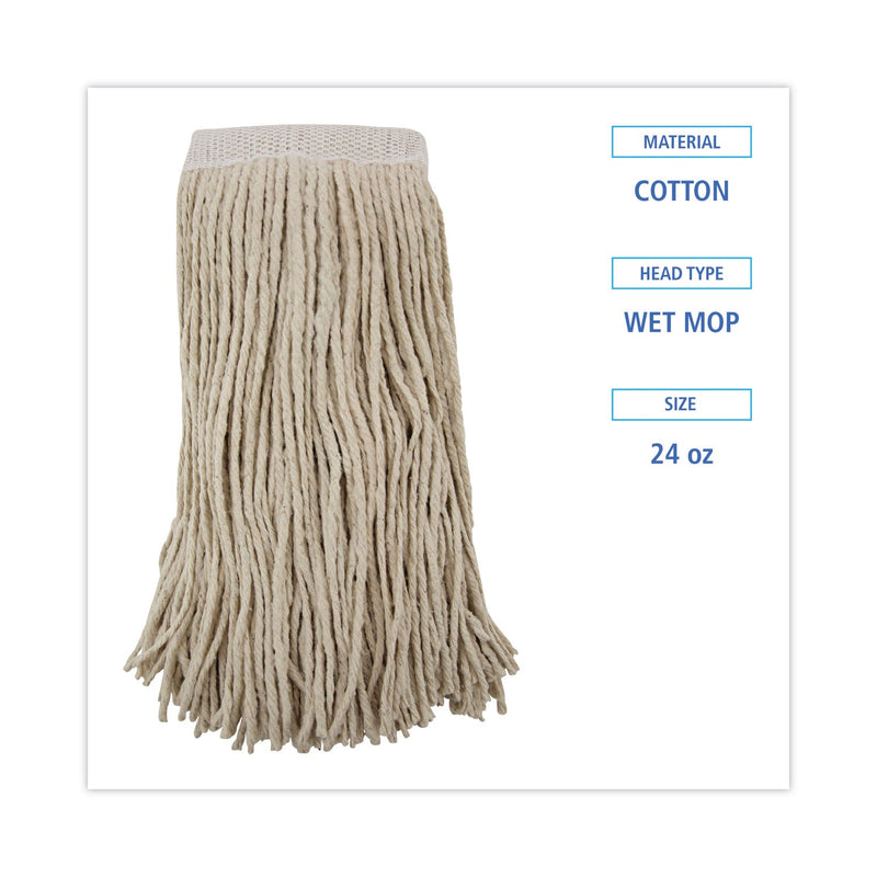 Boardwalk Mop Head, Premium Saddleback Head, Cotton Fiber, 24 oz, White, 12/Carton