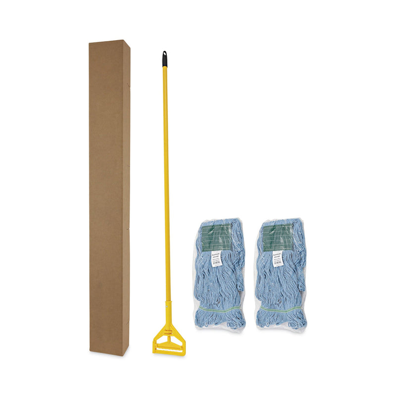 Boardwalk Looped End Mop Kit, Medium Blue Cotton/Rayon/Synthetic Head, 60" Yellow Metal/Polypropylene Handle
