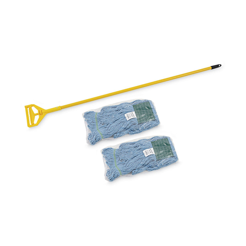 Boardwalk Looped End Mop Kit, Medium Blue Cotton/Rayon/Synthetic Head, 60" Yellow Metal/Polypropylene Handle