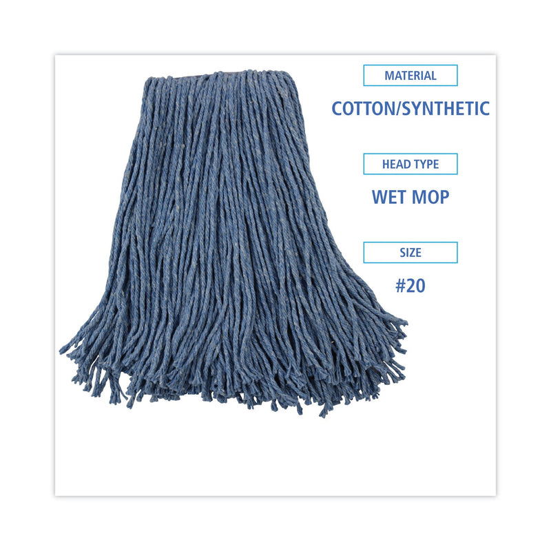 Boardwalk Mop Head, Standard Head, Cotton/Synthetic Fiber, Cut-End, #20, Blue, 12/Carton