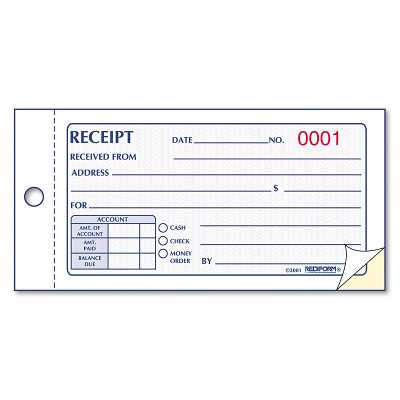 Rediform Small Money Receipt Book, Two-Part Carbonless, 5 x 2.75,  1/Page, 50 Forms