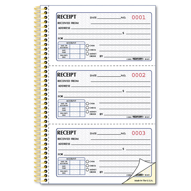 Rediform Money Receipt Book, Two-Part Carbonless, 5 x 2.75, 3/Page, 225 Forms