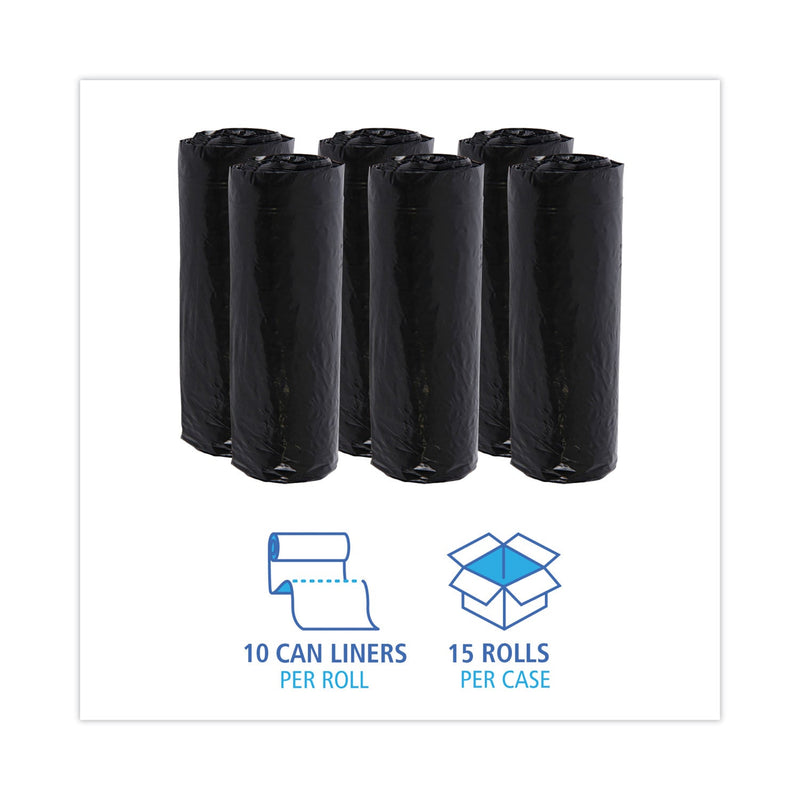 Boardwalk Low-Density Waste Can Liners, 16 gal, 1 mil, 24 x 32, Black, 10 Bags/Roll, 15 Rolls/Carton