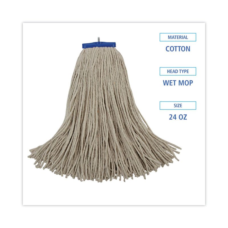 Boardwalk Cut-End Lie-Flat Wet Mop Head, Cotton, 24oz, White, 12/Carton