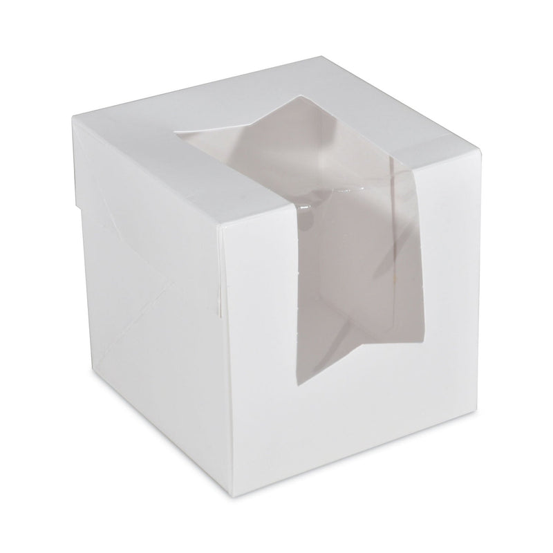 SCT White Window Bakery Boxes with Attached Flip Top, 4-Corner Beers Design, 4.5 x 4.5 x 4.5, White, Paper, 200/Carton