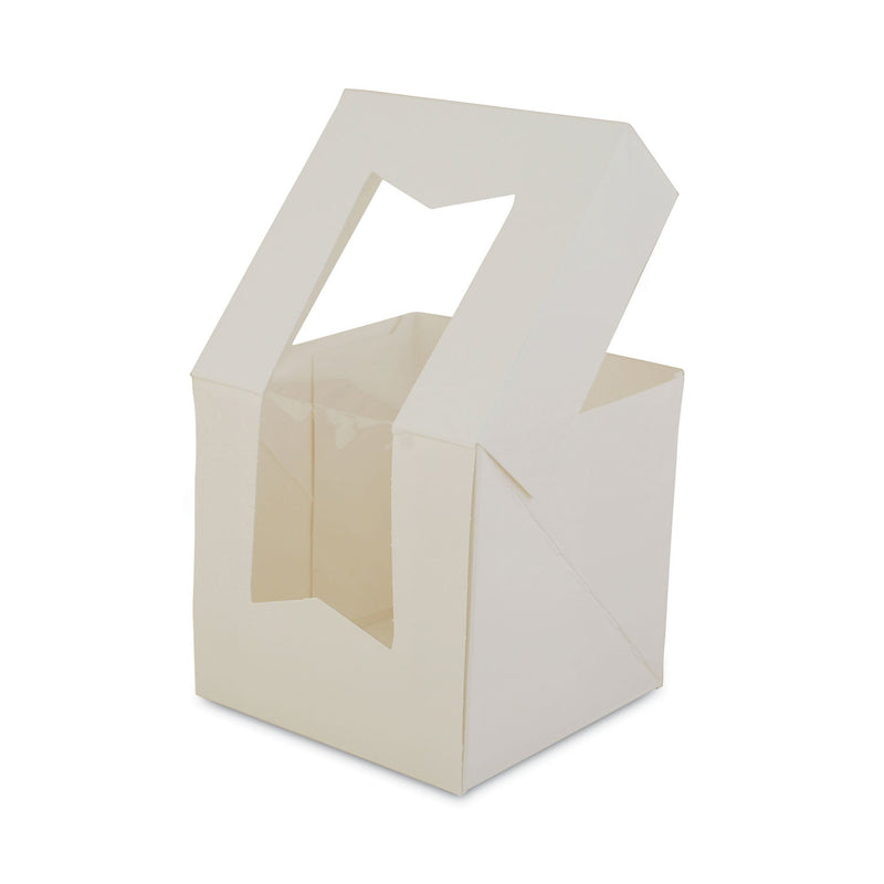 SCT White Window Bakery Boxes with Attached Flip Top, 4-Corner Beers Design, 4.5 x 4.5 x 4.5, White, Paper, 200/Carton