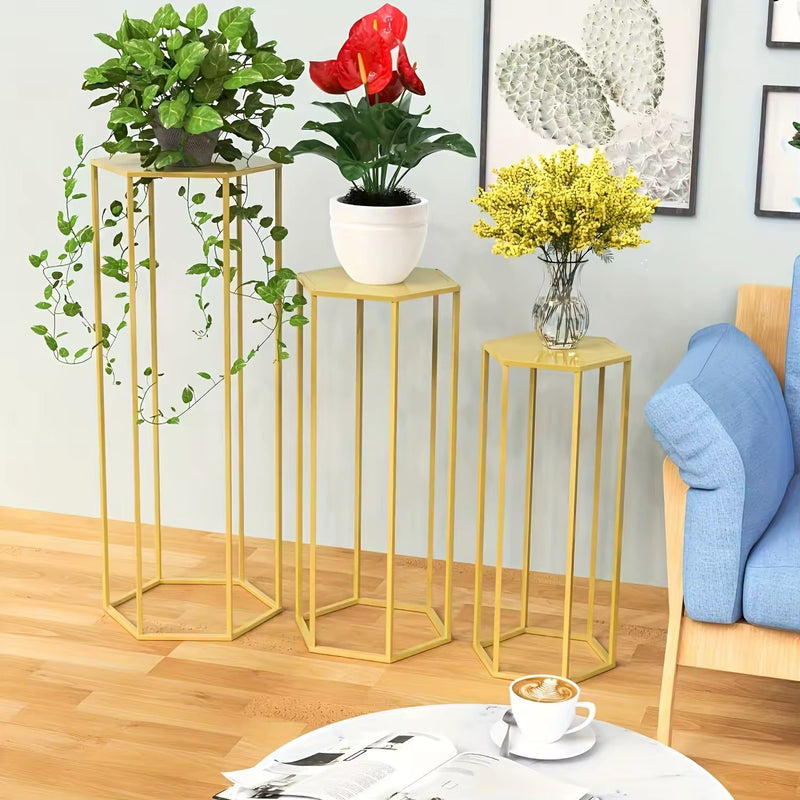 Hex Wedding Cake Stands | 3-Piece Set Gold Metal Pedestals