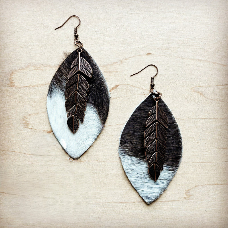 Leather Oval Earrings Black White Hair Hide w/ Copper Feather 219n