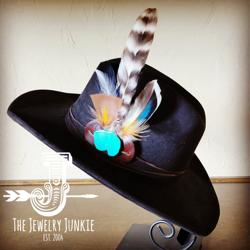 Blue Turquoise, Tan Feather & Leather Hat Band (Band Only) 981a