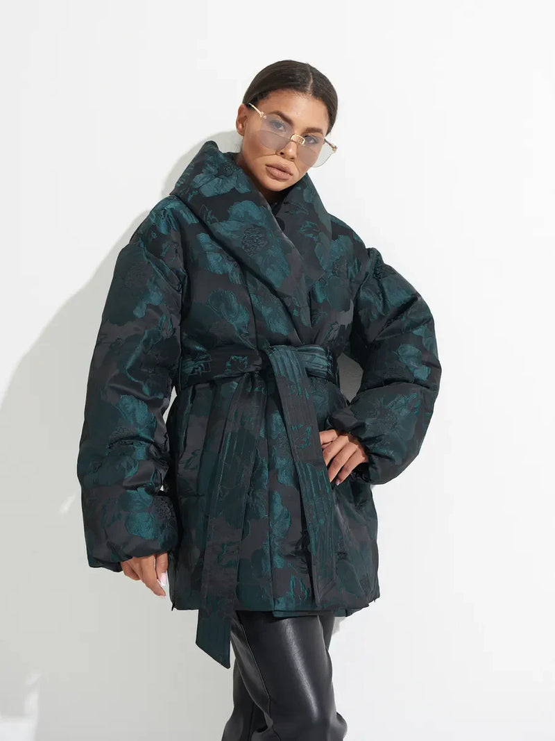 Monochrome Jacquard Down Coat in Vintage Emerald