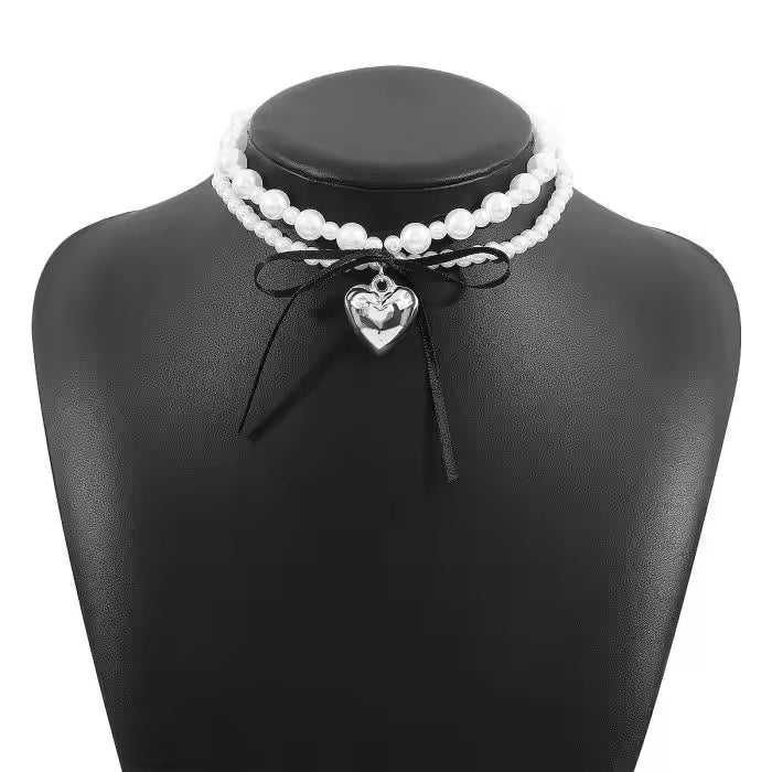 Goth Black Ribbon Bow Heart Pendant Necklace