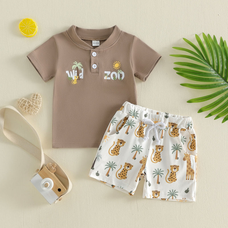 Printed Polo-collar Short-sleeve T-shirt And Shorts Two-piece Set