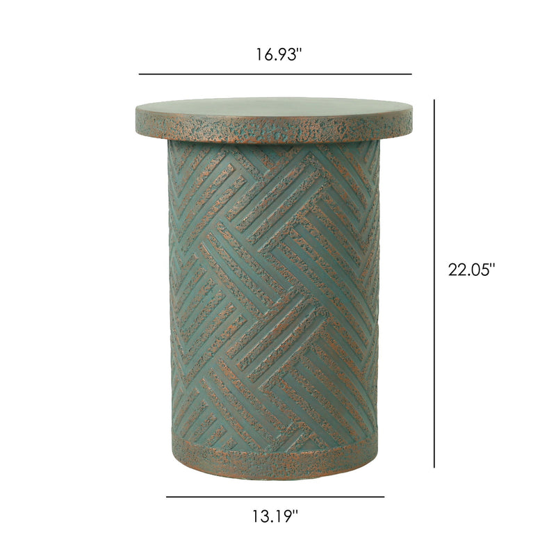 Round Outdoor End Table With Tree Stump Design For Patio - Golden / Green / Peacock