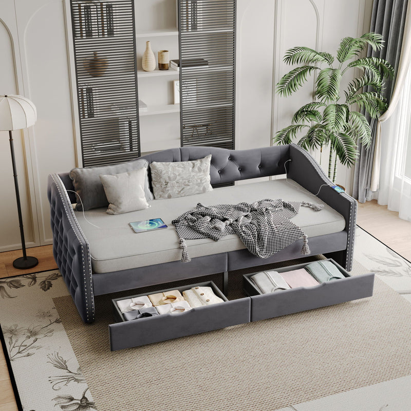Full Size Bed Frame, Upholstered Cloud Bed Frame With Headboard, 2 Storage Drawers And 2 USB Charging Design, No Box Spring Needed - Gray