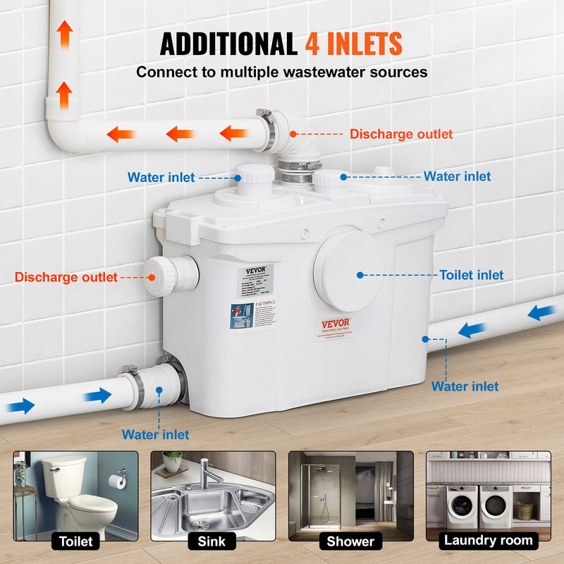 Macerating Toilet System With Powerful 800W Macerator Pump, Rear Discharge And Upflush Toilet For Basement, Dual Flush Water Disposal, Macerating Toilet System Kit With 4-Inlet, Space Saving